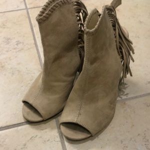Just Fab peep toe fringe suede booties
